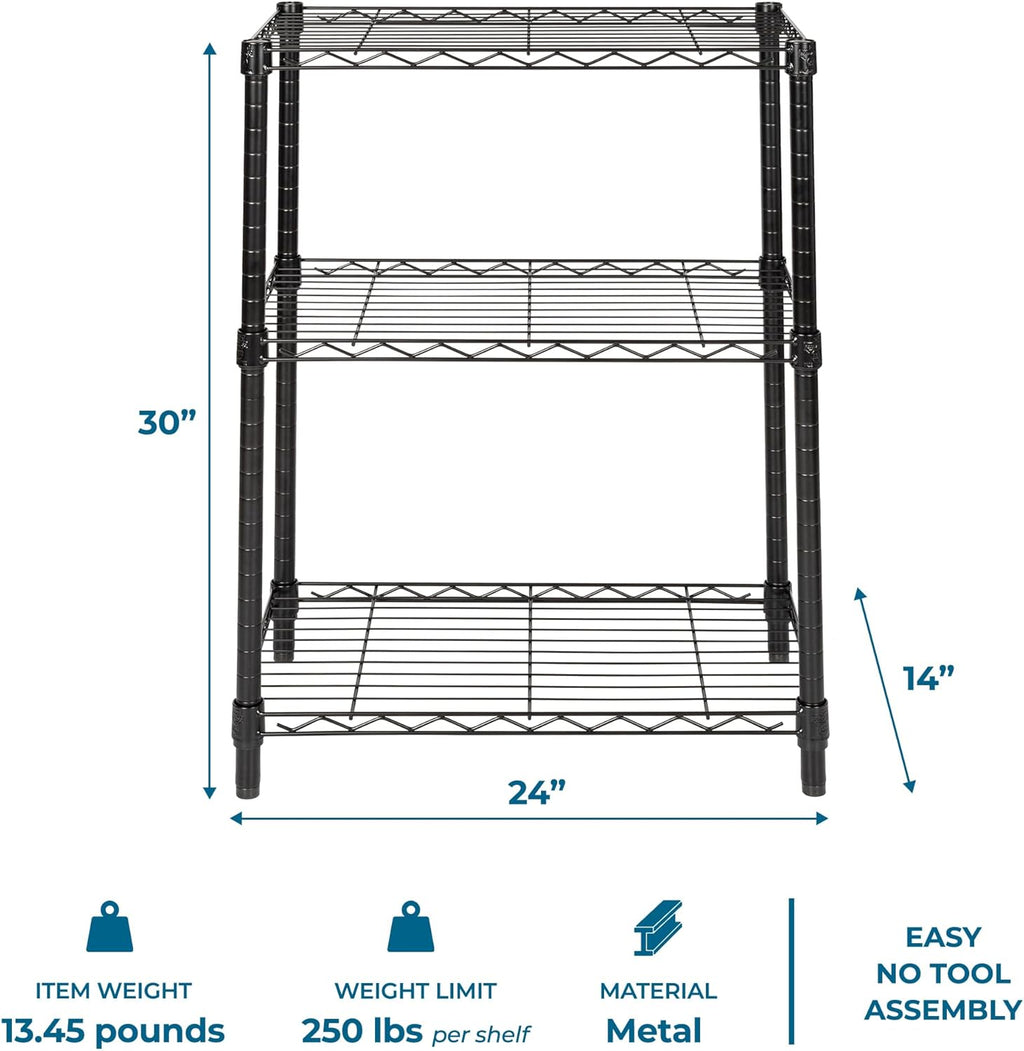 3-Tier Heavy Duty Adjustable Shelves, Metal Storage Rack with 250-Lb Shelf Capacity, Black, 14" W X 24" L X 30" H