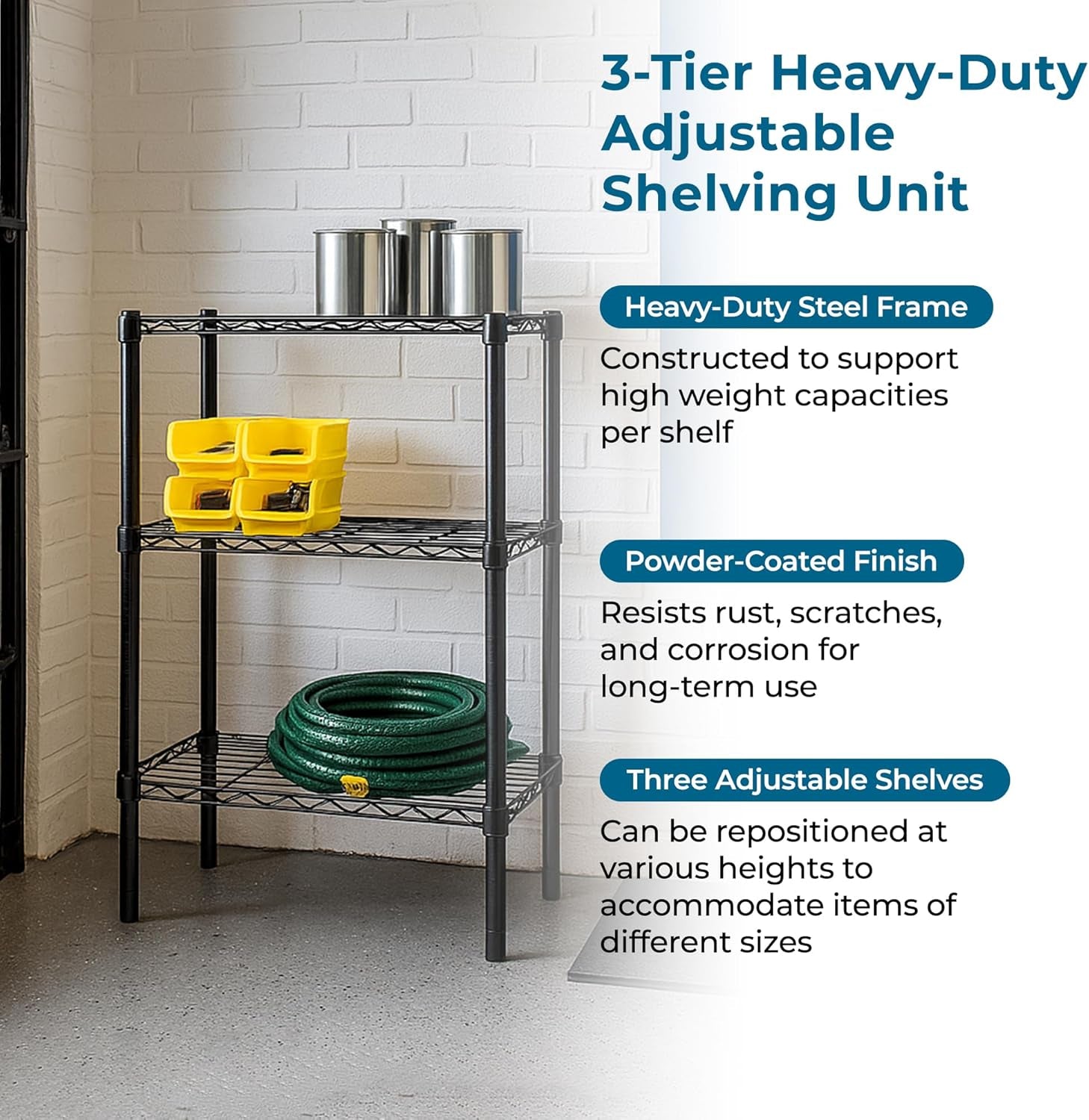 3-Tier Heavy Duty Adjustable Shelves, Metal Storage Rack with 250-Lb Shelf Capacity, Black, 14" W X 24" L X 30" H