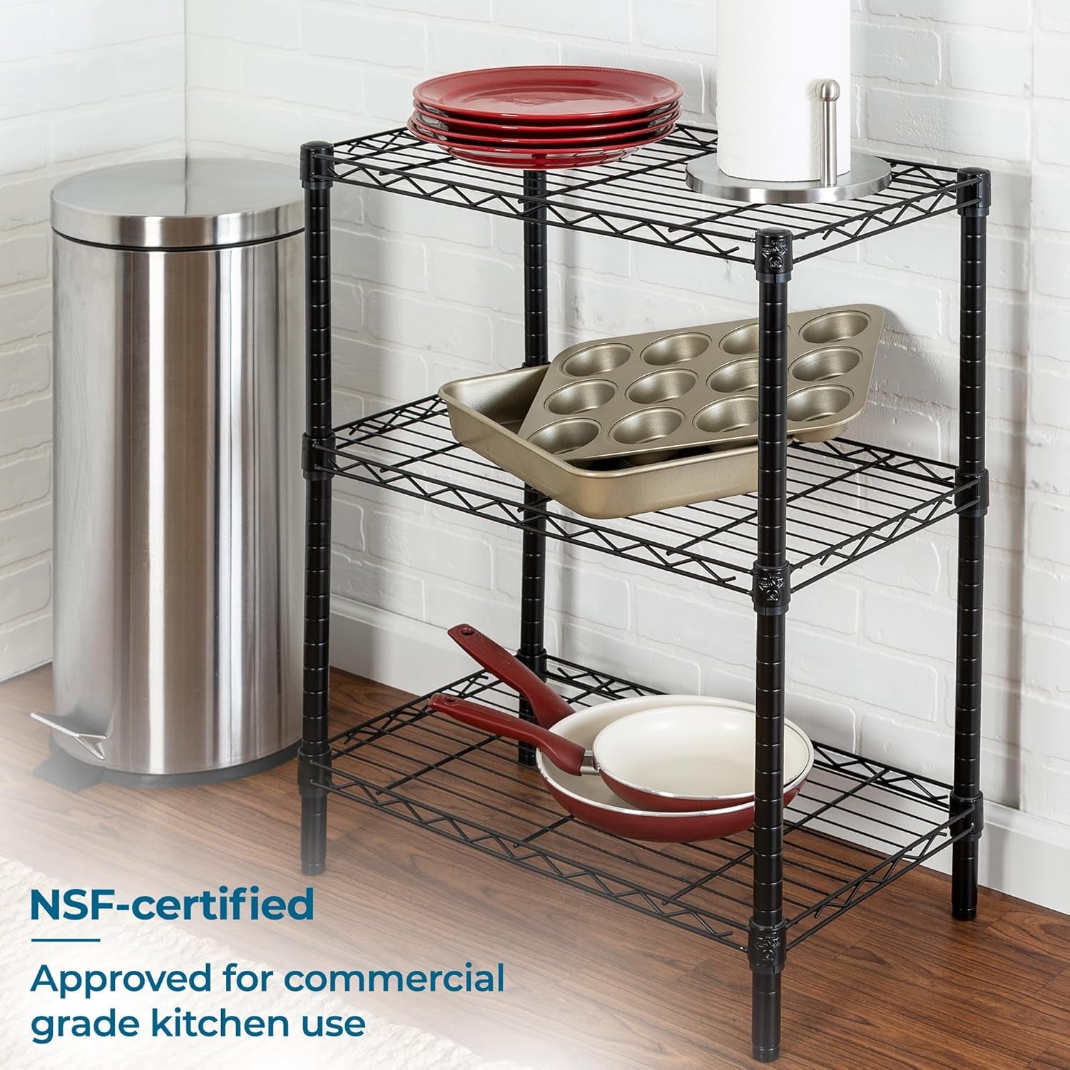 3-Tier Heavy Duty Adjustable Shelves, Metal Storage Rack with 250-Lb Shelf Capacity, Black, 14" W X 24" L X 30" H